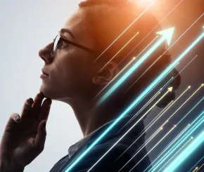 Upward arrows and woman in deep thought