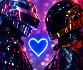 Two individuals wearing reflective, helmets and leather jackets facing each other against a colorful, neon‑lit background. A glowing blue heart shape appears between them.
