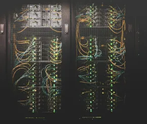 Data centre server racks with network cabling