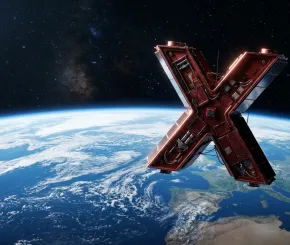 Red “X” orbiting Earth in space