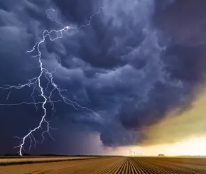 Thunder strike by sunshine over a field