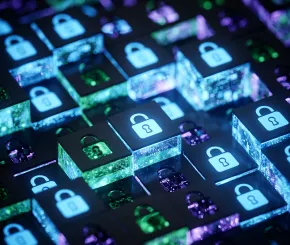 Digital illustration of glowing padlock icons