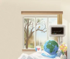 Globe in bed with pink floor and robin at window