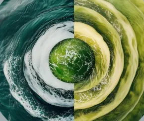 Graphic image of blue and green concentric circles representing the Oceans and Rivers