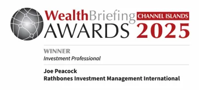 The award badge for Joe Peacock for winning Investment Professional of the Year at the Wealth Briefing Awards for 2025