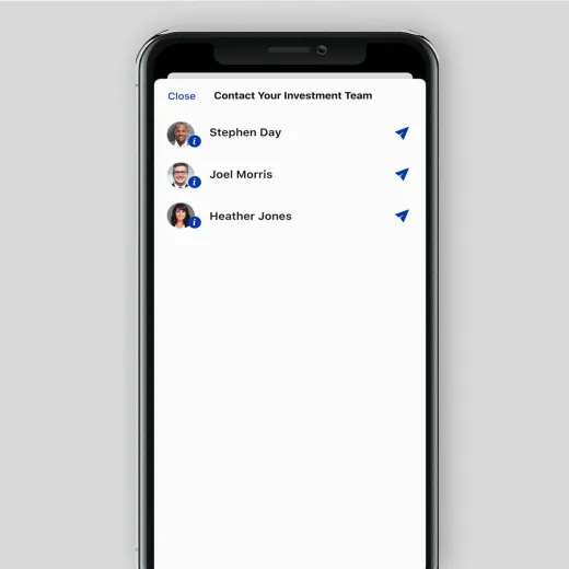 A view of the MyRathbones app showing the user's investment team who they can send direct messages to