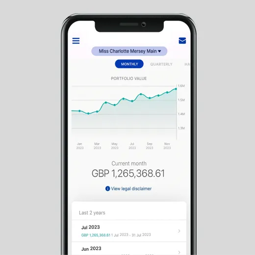 A view of the MyRathbones app showing a user's investments over time and total value