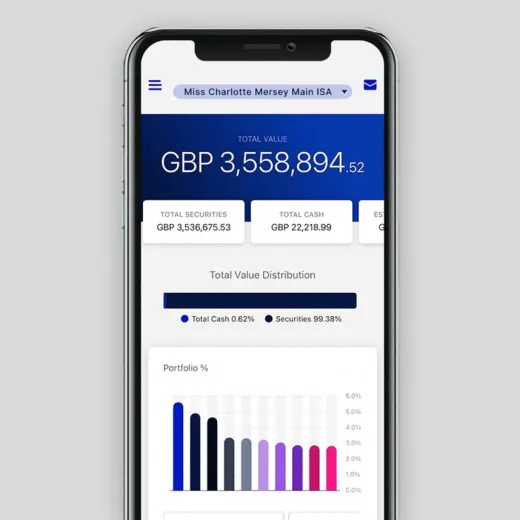A view of the MyRathbones app showing a user's total portfolio value and breakdown of the investments