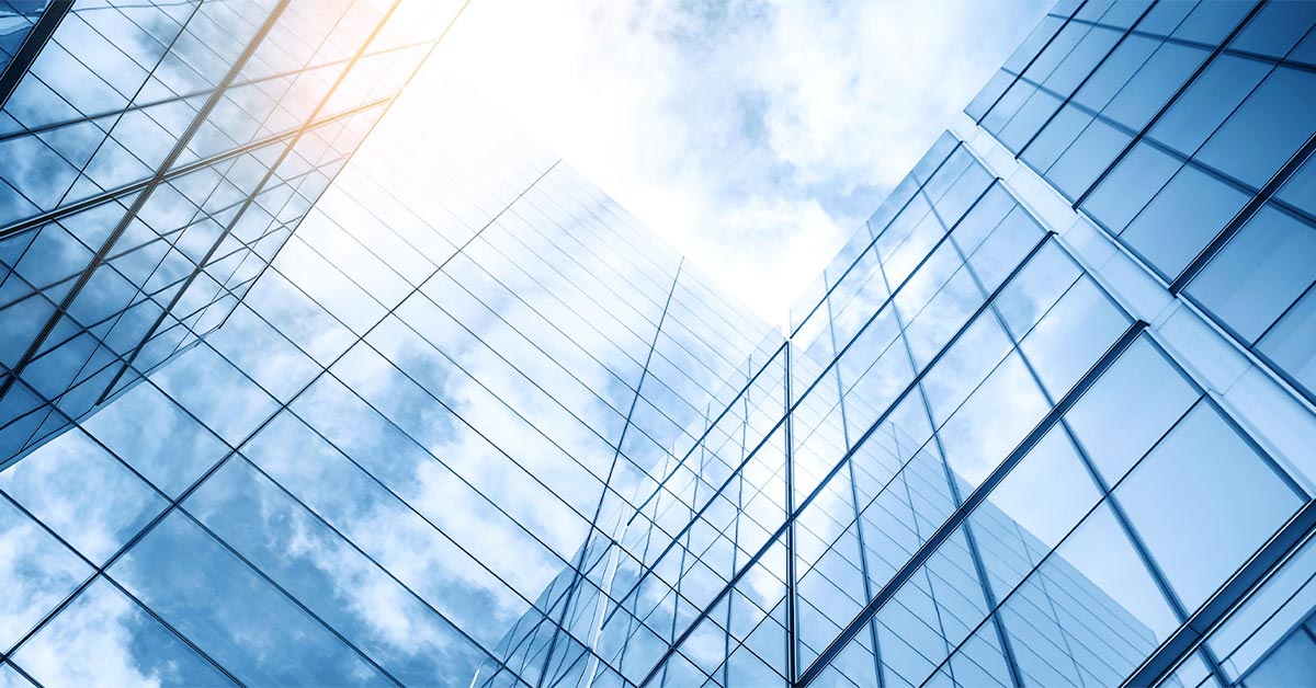 sky reflections on building windows