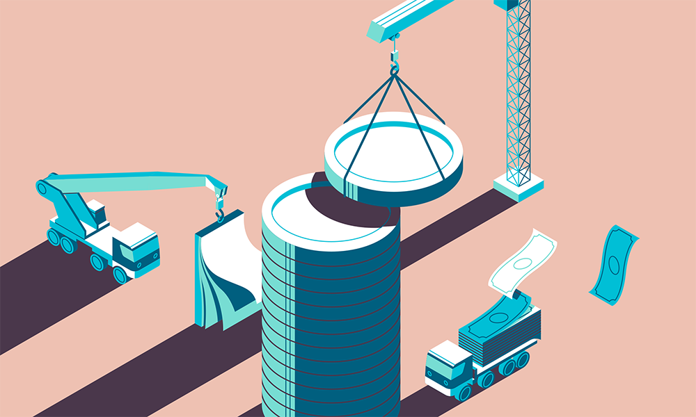 Graphic illustration of building with stack of coins