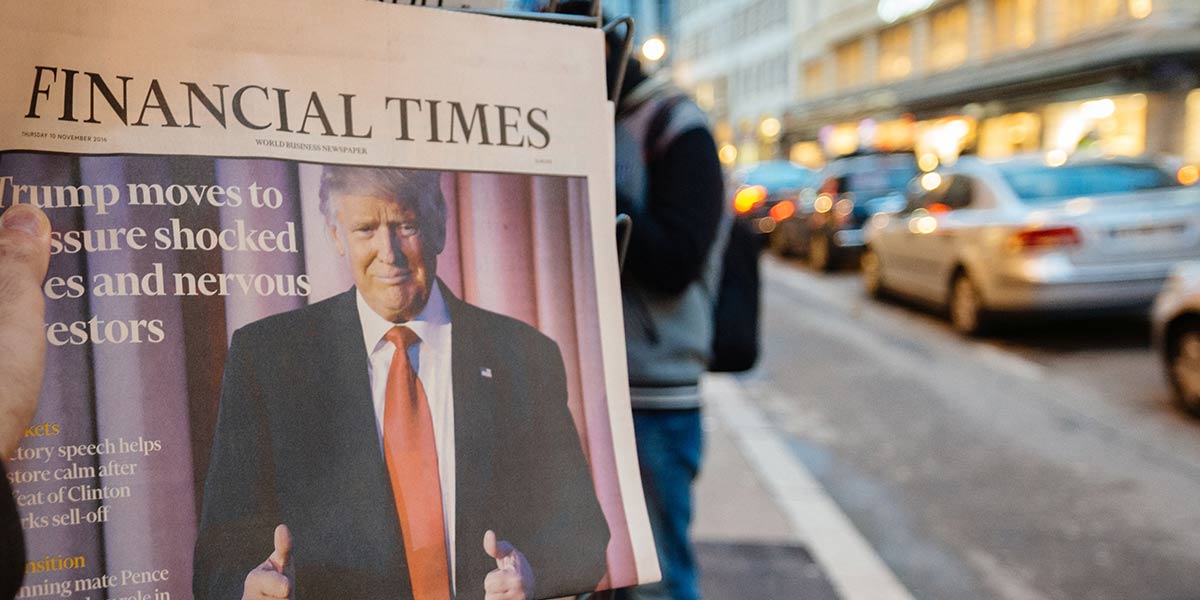 Brexit and 100 days of Trump - Rathbone Investment Management Financial Time paper with Donald Trump on the cover - Rathbone Investment Management