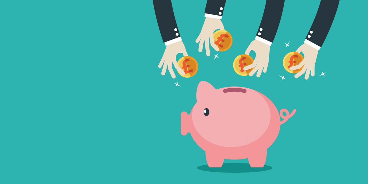 Cartoon of hands placing coins into a piggy bank