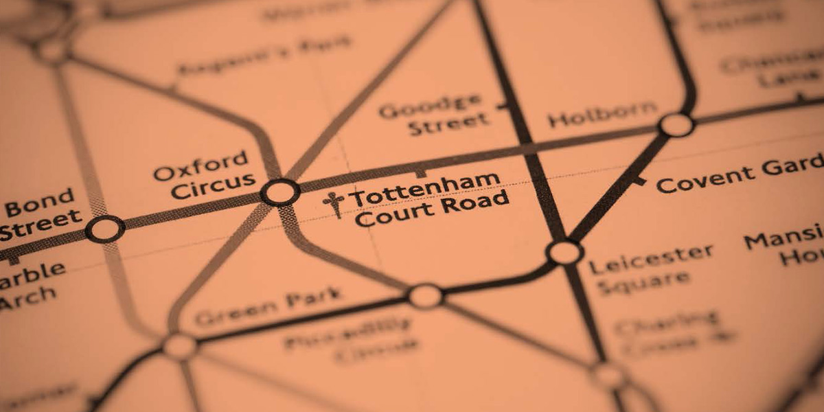 Tube map focusing on Tottenham Court road station