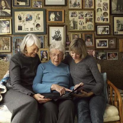 3 generations of women looking at photo albums