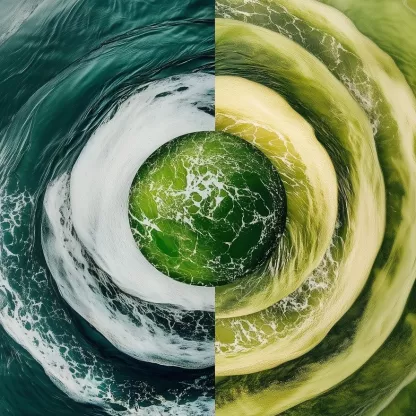 Graphic image of blue and green concentric circles representing the Oceans and Rivers