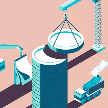Graphic illustration of building with stack of coins